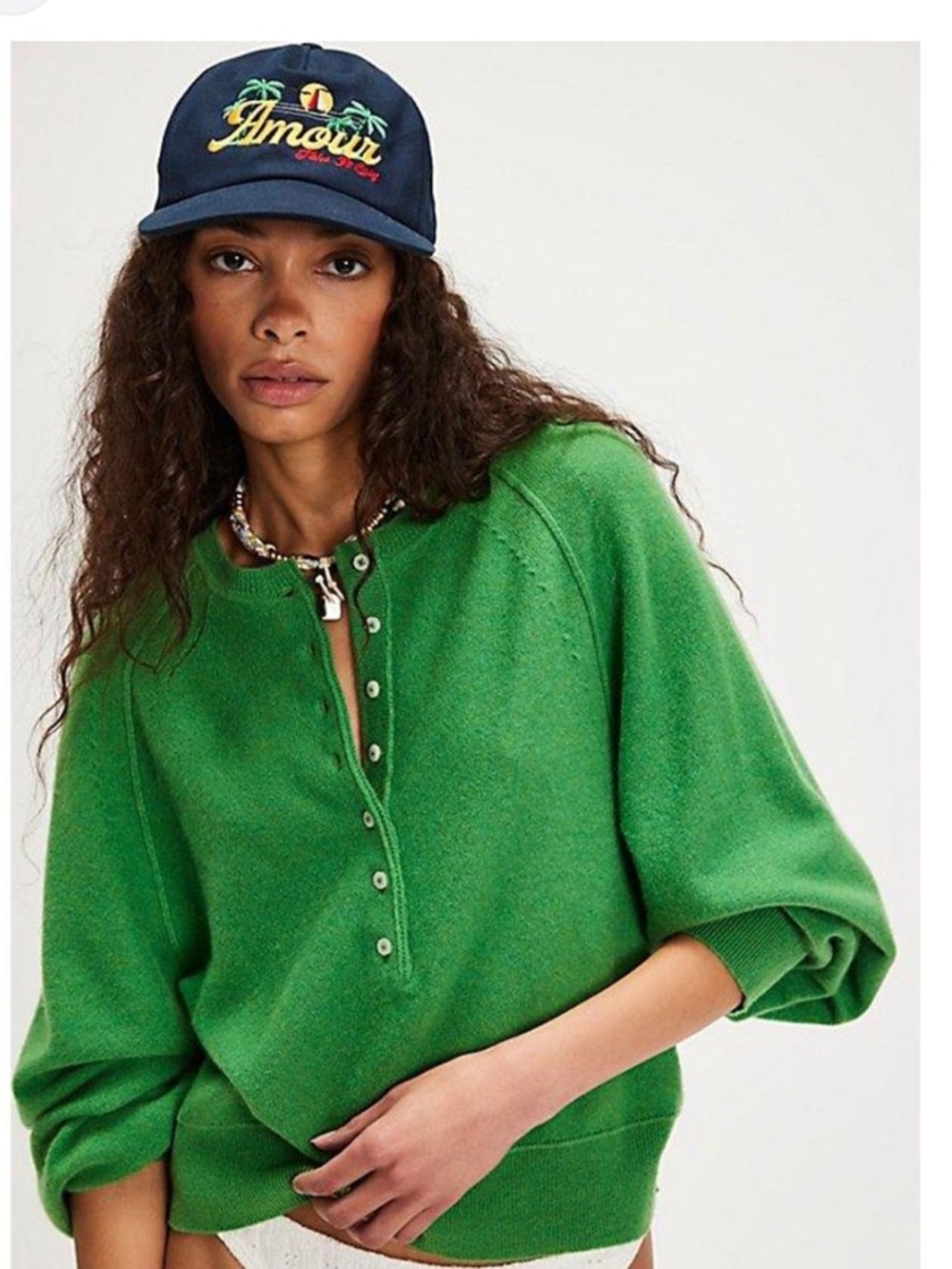Free People Porta Cashmere Henley Sweater Green Oversized Balloon Sleeve XL
